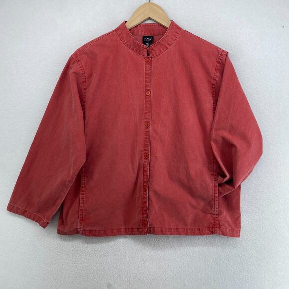 Eileen Fisher Jackets & Blazers - EILEEN FISHER Jacket M Cotton Canvas Mandarin Button Up Boxy Washed Red USA VTG